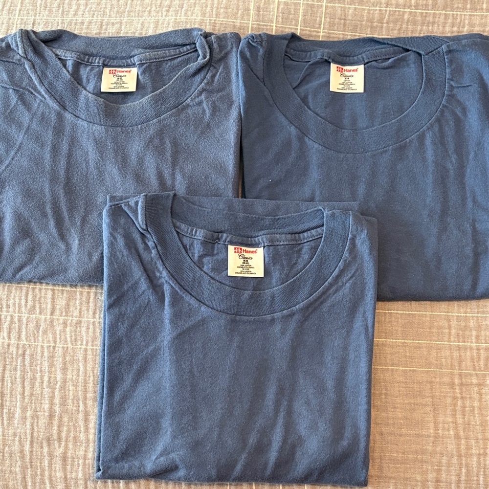 Vintage Hanes Classics T-Shirt Slate Blue Tee M Cotton Crew Neck 80s Single Seam